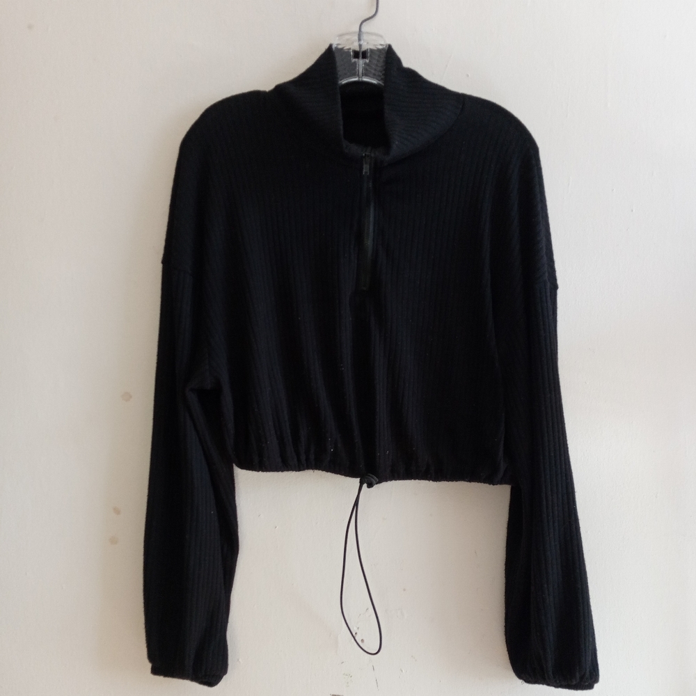 Ribbed drawstring crop top blouse shirt Sz M